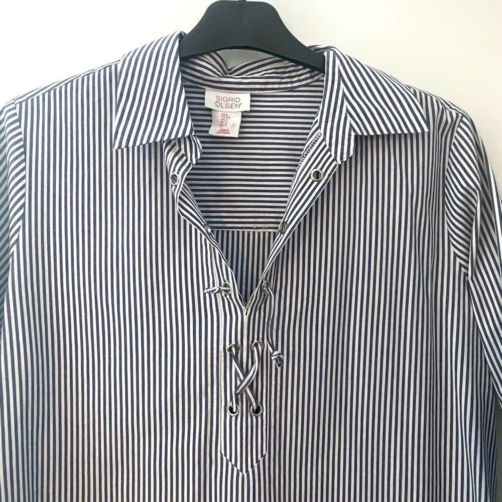 Sigrid Olsen Womens S Blue White Striped Lace Up Popover Shirt Nautical Blouse - Picture 3 of 8